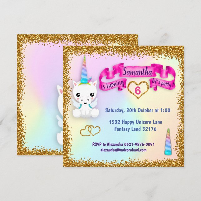 Pastel och Guld Glitter Unicorn Birthday Inbjudningar (Fram/baksida)
