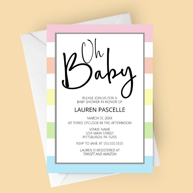 Pastel Oh Baby, babyinbjudan Inbjudningar (Oh Baby Pastel Stripes Baby Shower Invitation)