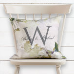 Pastel Oils Vit ros Monogram Bröllop Keepsaké Kudde<br><div class="desc">Personlig bröllop keepsaké. Den här fantastiska designkudden för digital oljemålning med elegant har en verklig oljemålning på en arbetsyta som har digitaliserats omsorgsfullt och som även är förskönad med träkolkonst. Två vit ros och lövning inslag ram är den klassiska grått-monogramstarten i mörken, som innehåller parets första namn skriven över monogrammet...</div>