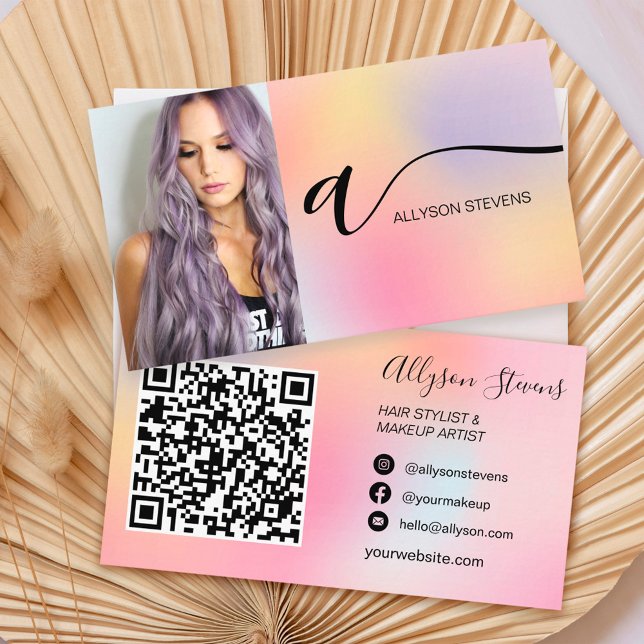 Pastel ombre-hårsmakeup fotoinledande qr-kod visitkort (Skapare uppladdad)