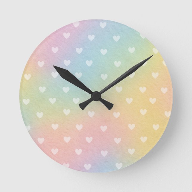 Pastel Ombre Hearts Mönster Round Clock Rund Klocka (Framsida)