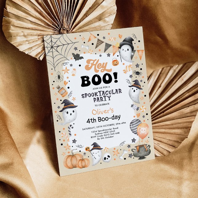 Pastel Orange Black Halloween Ghost Boy Birthday Inbjudningar (Skapare uppladdad)