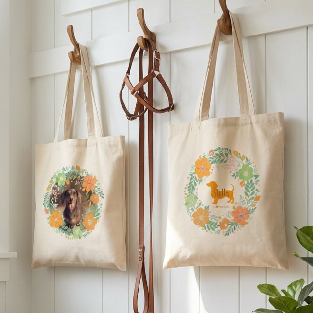 Pastel Orange Dachshund Floral Tote – Custom Photo Tygkasse (Skapare uppladdad)