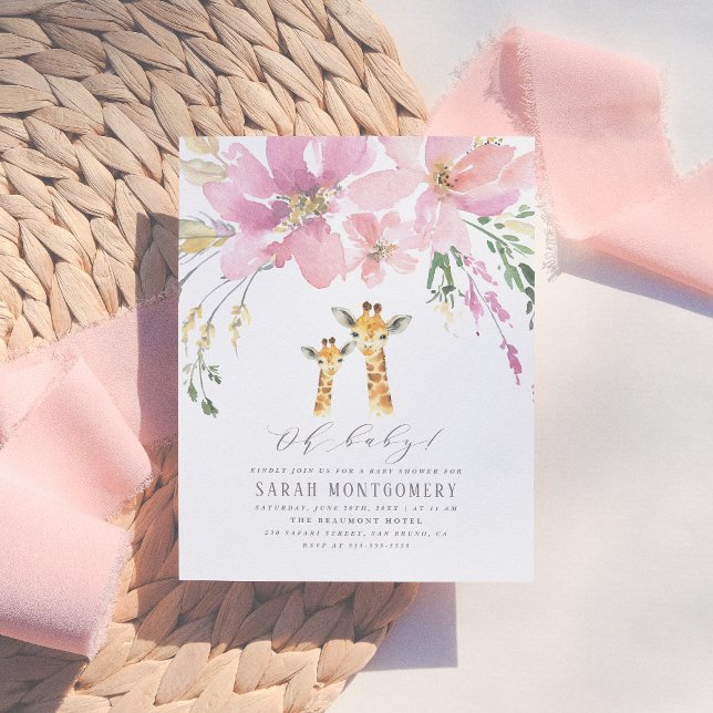 Pastel Orange & Rosa Blommigt Giraffe Baby Shower Inbjudan Vykort (Skapare uppladdad)