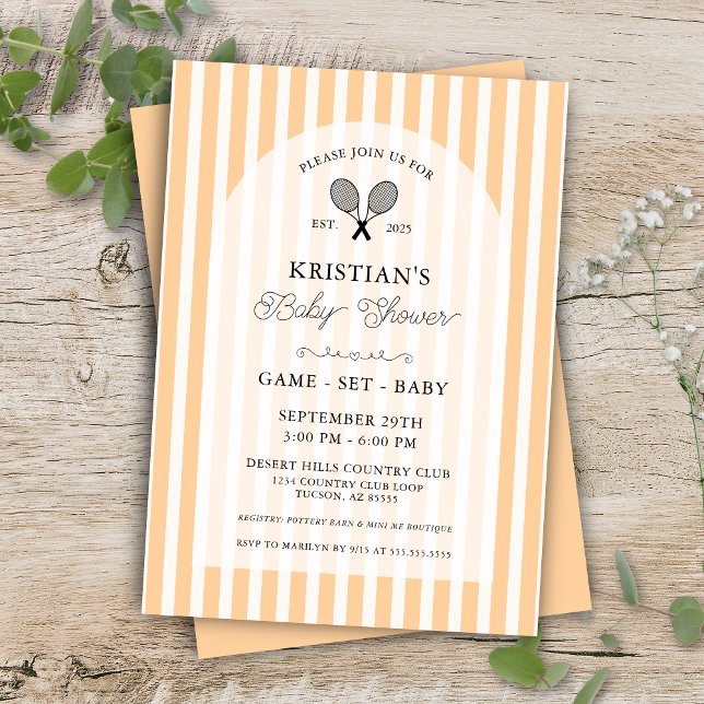 Pastel Orange Tennis Land Klubb Baby Shower Inbjudningar (Orange preppy chic baby shower card enclosures for elegant country club tennis inspired baby shower)