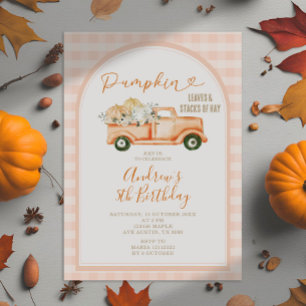 Pastel Orange Tractor Pumpkin Gingham Birthday Inbjudningar