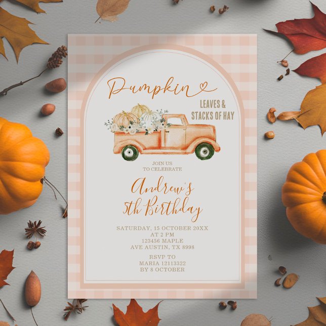 Pastel Orange Tractor Pumpkin Gingham Birthday Inbjudningar (Skapare uppladdad)