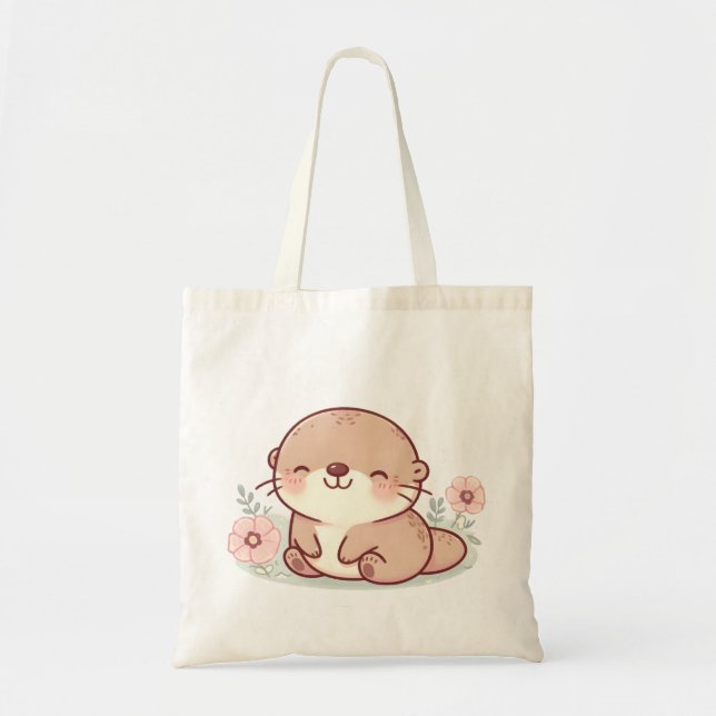 Pastel Otter Tote Bag - Kawaii Cute Desig Tygkasse (Framsidan)