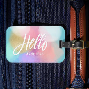 Pastel Paint Splotches Hej Typography med Namn Bagagebricka