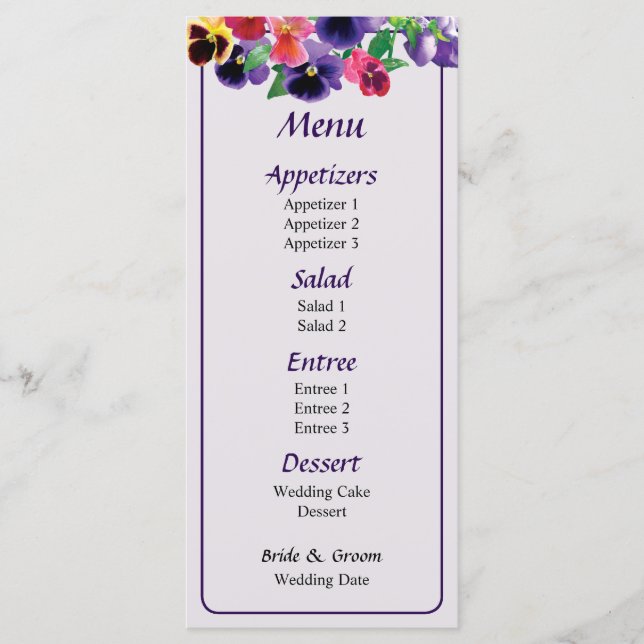 Pastel Pansies Bröllop Menu Meny (Framsida)