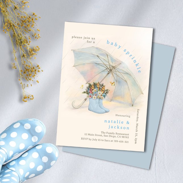 Pastel Parbrella Blommigt Blue Boots Baby Sprinkle Inbjudningar (Pastel Umbrella Floral Blue Boots Baby Sprinkle Invitation)