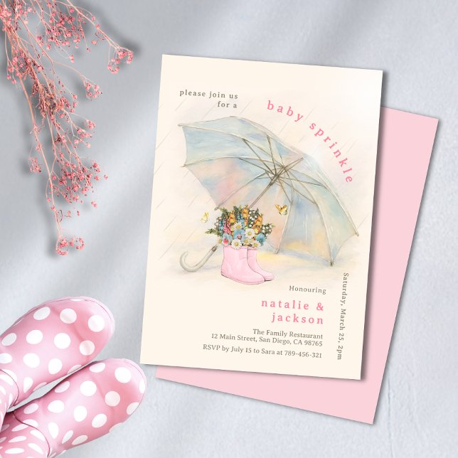 Pastel Parbrella Blommigt Rosa Boots Baby Sprinkle Inbjudningar (Pastel Umbrella Floral Pink Boots Baby Sprinkle Invitation)