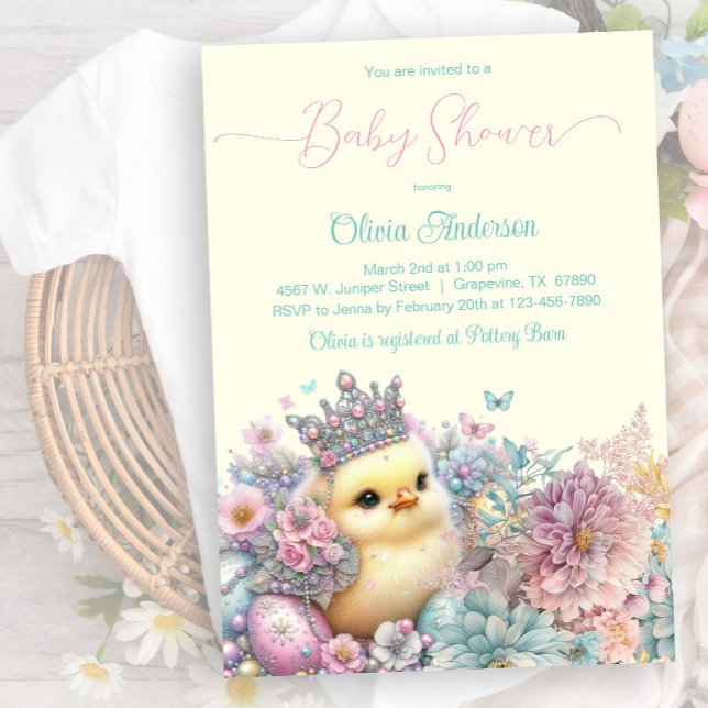 Pastel Påsk Chick Baby Shower Inbjudningar (Sweet little chick with pretty eggs, butterflies and flowers. Instant download and printed available)