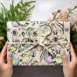 Pastel Påsk Chickar & Bunny Öron, Ägg, Blommor Presentpapper