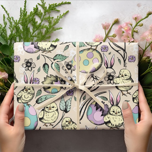 Pastel Påsk Chickar & Bunny Öron, Ägg, Blommor Presentpapper (Skapare uppladdad)