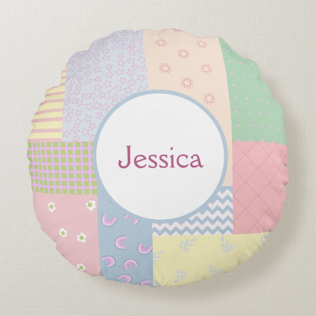 Pastel Patchwork Rund Kudde (Framsidan)