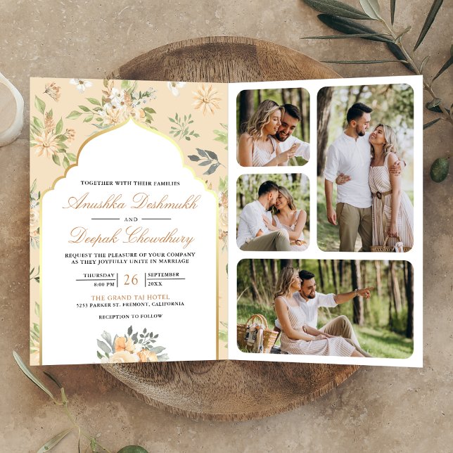 Pastel Peach Blommigt QR-kod Indiska Bröllop Inbjudan (Skapare uppladdad)