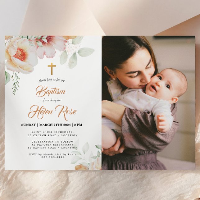 Pastel Peach Blommigt Watercolor Baptism-inbjudan Inbjudningar (Skapare uppladdad)