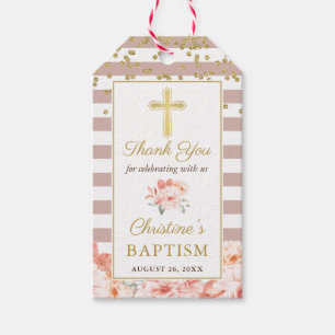 Pastel Peach Floral Gold Cross Girl Baptism Presentetikett