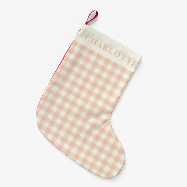 Pastel Peach Gingham Buffalo Check Play Namn Liten Julstrumpa (Framsidan (Hängande))