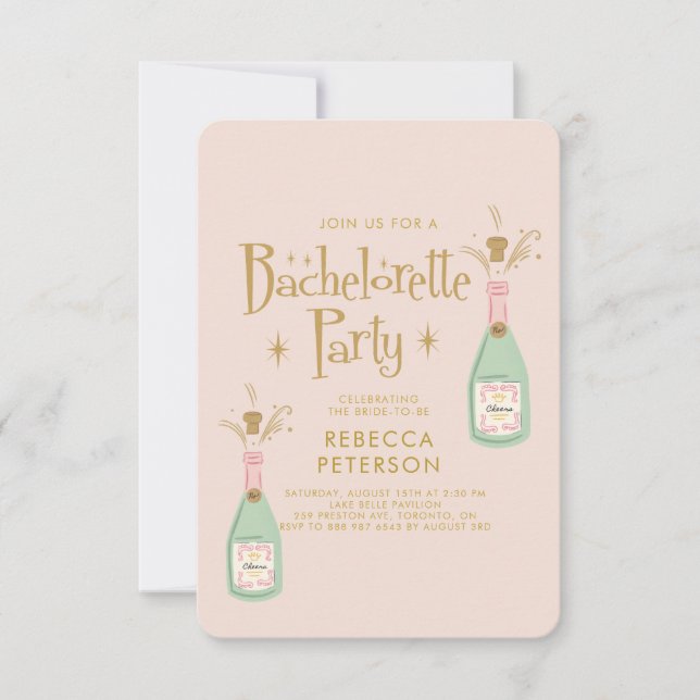 Pastel Peach Golden Champagne Bachelorette Party Inbjudningar (Framsida)