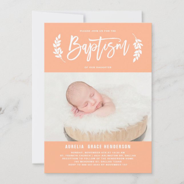 Pastel Peach Laurel Wandan Baby Photo Baptism Inbjudningar (Framsida)