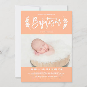 Pastel Peach Laurel Wandan Baby Photo Baptism Inbjudningar