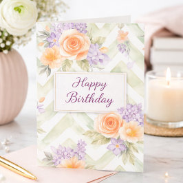 Pastel Peach Lavender Floral Sage Chevron Birthday Kort