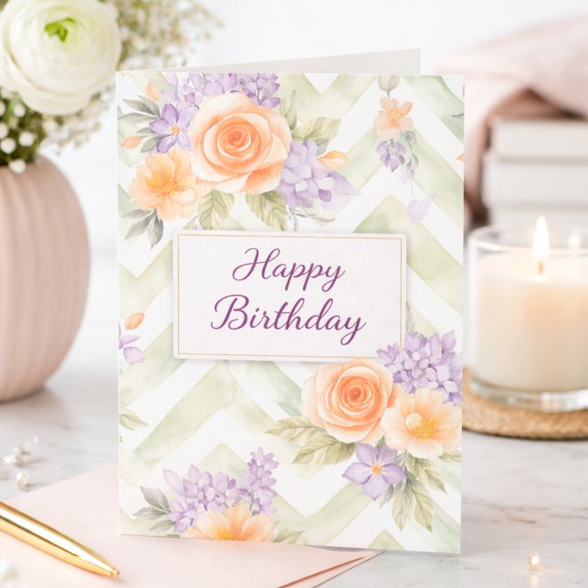 Pastel Peach Lavender Floral Sage Chevron Birthday Kort (Skapare uppladdad)