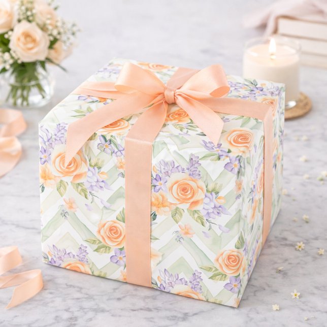 Pastel Peach Lavender Floral Sage Chevron Birthday Presentpapper (Skapare uppladdad)