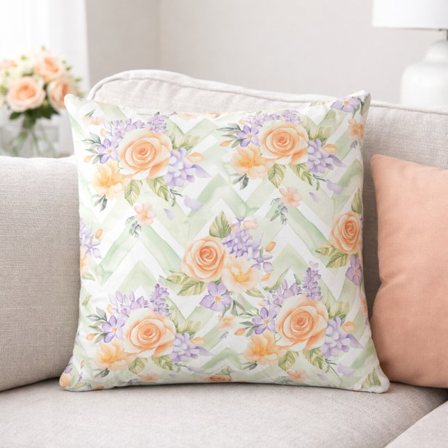 Pastel Peach Lavender Floral Sage Chevron Pillow Kudde (Skapare uppladdad)