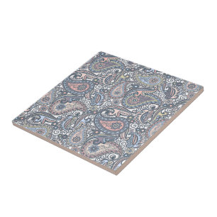 Pastel Peach Orange Violet Rosa Paisley Blommigt Kakelplatta