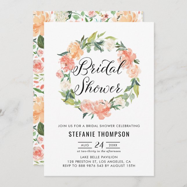 Pastel Peach Peonies Blommigt Möhippa av andedräkt Inbjudningar (Fram/baksida)