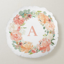 Pastel Peach Peonies Eucalyptus Monogram Rund Kudde