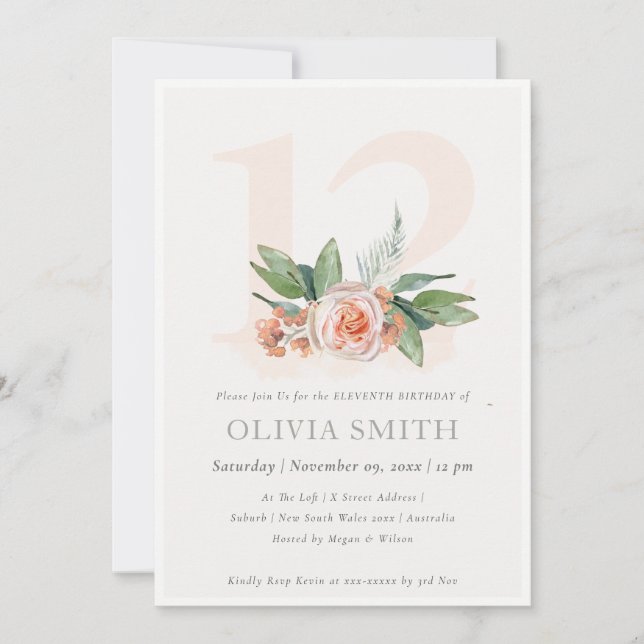 Pastel Peach Ro Blommigt Bunch 12 Birthday Inbjuda Tack Kort (Framsida)