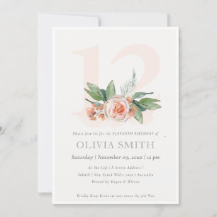 Pastel Peach Ro Blommigt Bunch 12 Birthday Inbjuda Tack Kort