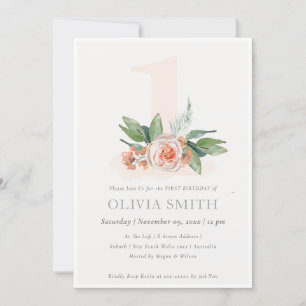 Pastel Peach Ro Blommigt Bunch 1:a födelsedagen In Tack Kort