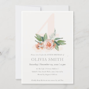 Pastel Peach Ro Blommigt Bunch 4e födelsedagen Inb Tack Kort