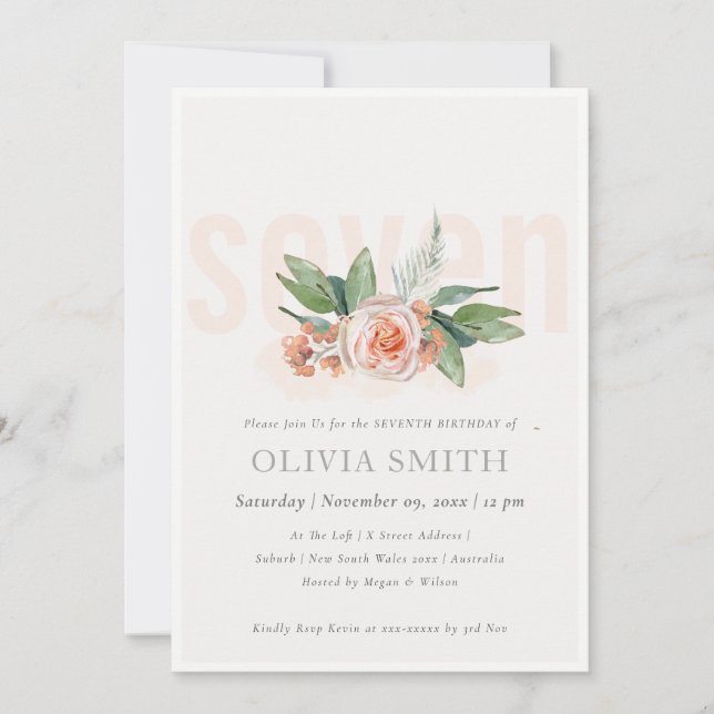 Pastel Peach Ro Blommigt Bunch 7:e Birthday Inbjud Tack Kort (Framsida)