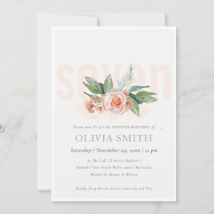Pastel Peach Ro Blommigt Bunch 7:e Birthday Inbjud Tack Kort