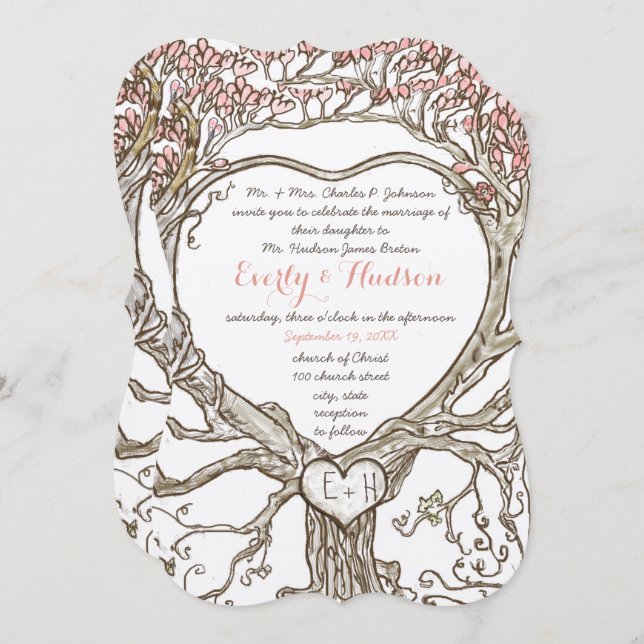 Pastel Peachy Coral  Rosa Boho Hjärtformade Inbjudningar (Fram/baksida)