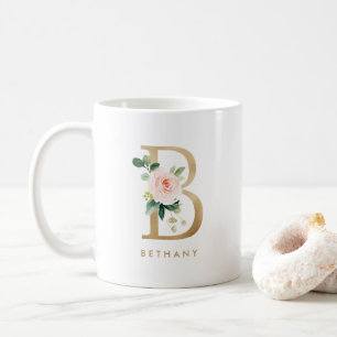Pastel Peony Blommigt Brev B Gold Foil Monogram Kaffemugg