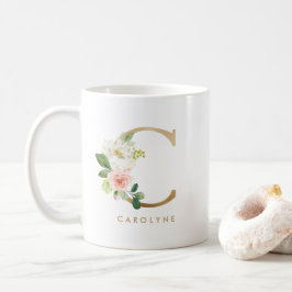 Pastel Peony Blommigt Brev C Gold Foil Monogram Kaffemugg