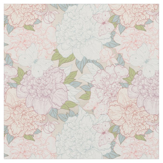 Pastel Peony & Butterfly Flower Mönster Tyg (Närbild)