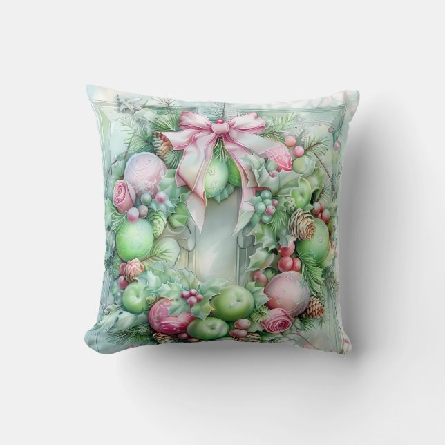 Pastel Pink and Green Christmas Throw Pillow Kudde (Framsida)