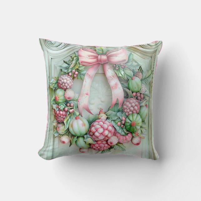 Pastel Pink and Green Christmas Throw Pillow Kudde (Framsida)