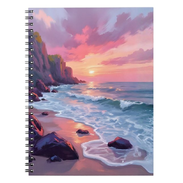 Pastel Pink Beach Sunset Ocean Waves Watercolor Anteckningsbok (Framsidan)