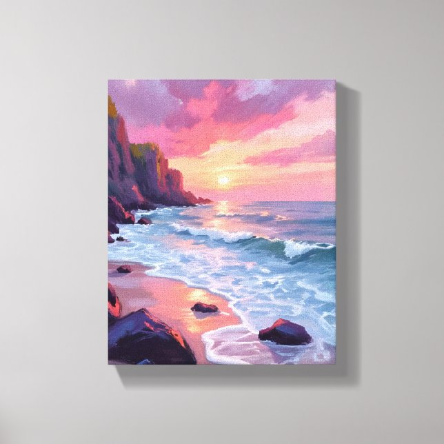 Pastel Pink Beach Sunset Ocean Waves Watercolor Canvastryck (Framsida)