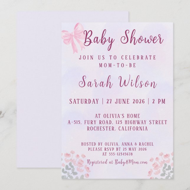 Pastel Pink Bow Floral Baby Shower Inbjudningar (Fram/baksida)