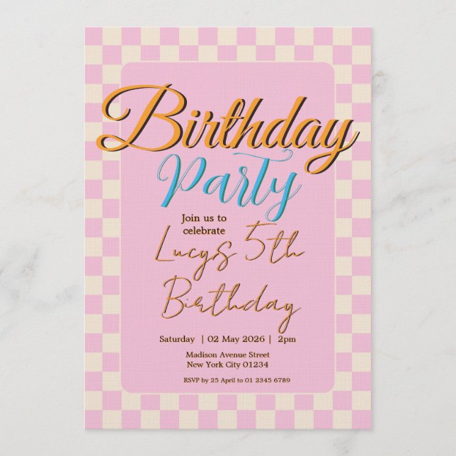 Pastel Pink Checkered Birthday Party Inbjudningar (Framsida)